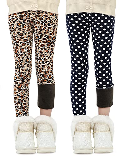 Adorel Girls Fleece Lined Leggings Winter Pants Pack Of 2 Leopard-Print & Dots 8-9 Years (Manufacturer Size 140) #TOP18