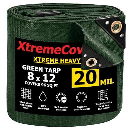 8 x 12 Green Tarp - 20mil | Heavy Duty & Waterproof | UV Protection + Brass Grommets Reinforced Corners outdoor storage 8x12 ft Rain Camping Tent Greenhouse roof Leak Ground Cover Leakproof Shed car