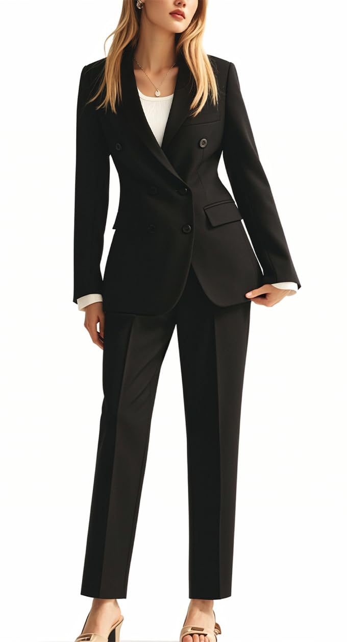 Double Breasted Office Lady Suit 2 PC Slim Fit Business Outfit for Work Professional Peak Lapel Prom Suit