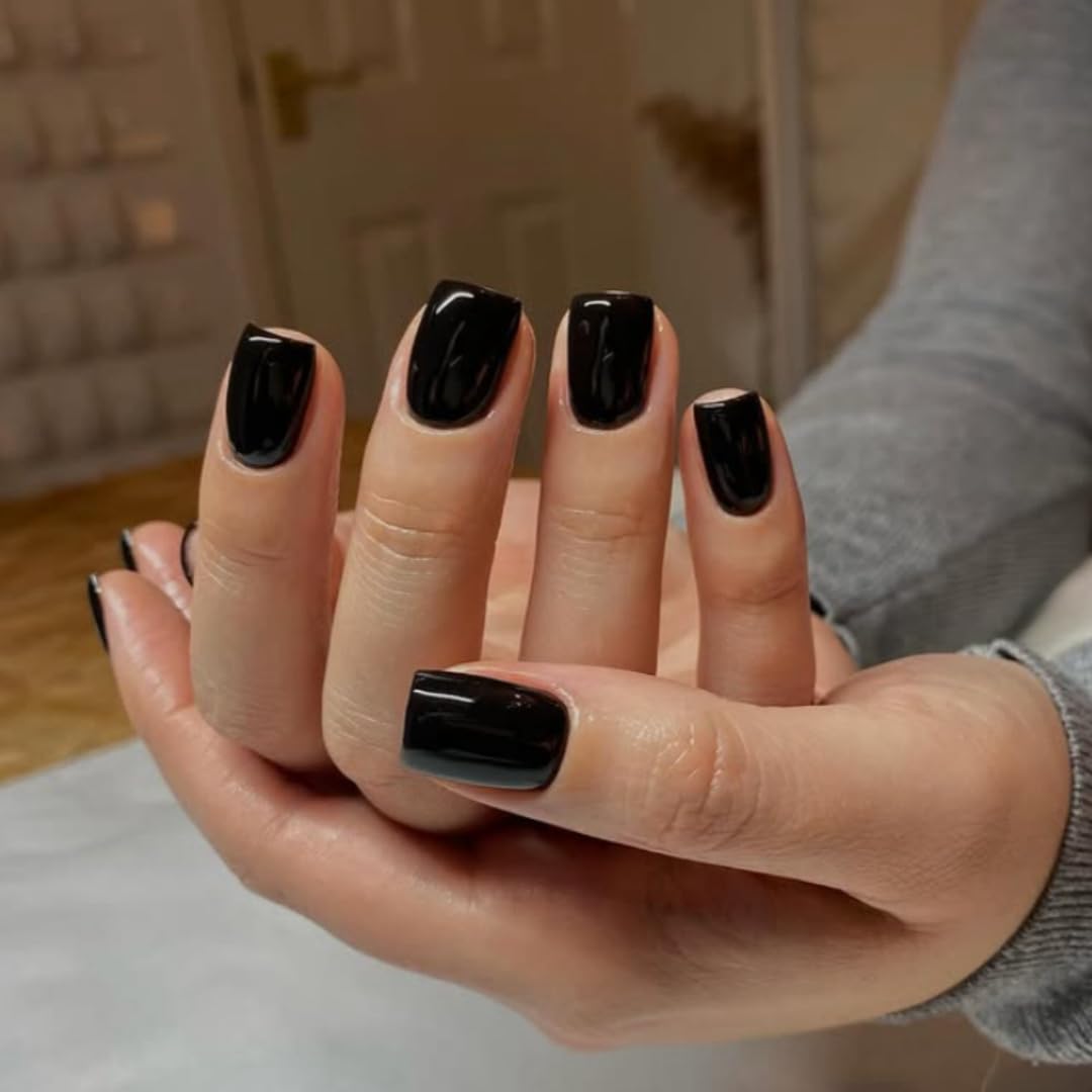 SXVME Black Press on Nails Short Square Acrylic Short False Nails Coffin Natural Acrylic Fake Nails Set Elegant Solid Color Full Cover Glossy Gel Stick on Nail for Women Fall Winter 24 Pcs - Image 3