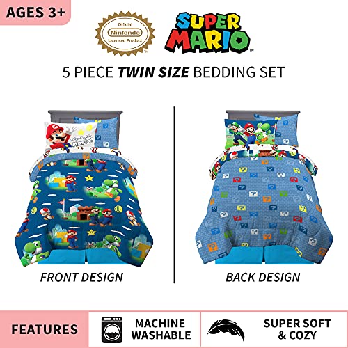 Image of Super Mario Kids Bedding Set, Twin Size 5 Piece Comforter and Sheet Set with Sham, (Officially Licensed Product) by Franco