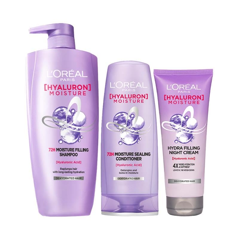 L'Oreal Paris Moisture Filling Shampoo, With Hyaluronic Acid, For Dry & Dehydrated Hair, Hyaluron Moisture 72H, 650ml, & Moisture Sealing Conditioner 180ml & Filling Night Cream 180ml