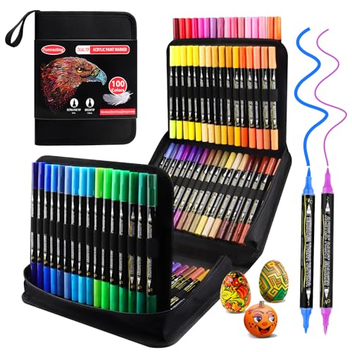 Funnasting rotuladores acrilicos, 100 colores punta dual marcadores acrílicos, rotuladores pincel contiene 12 colores metálicos para pintar rocas, madera, lienzo, piedra, superficies cerámicas