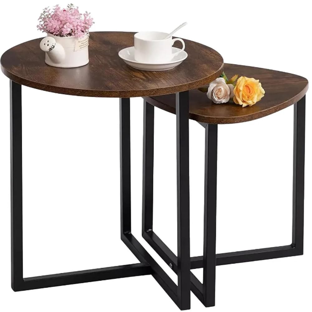 Shally Dogan Set mit 2 ineinandergreifenden Tischen im Industriestil für Wohnzimmer mit Holzplatte und Metallrahmen, Couchtisch, Wohnzimmer, platzsparender Verschluss, stapelbar