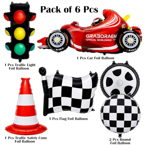 Image of Rozi Decoration Racing Car Theme Foil Balloon Set with Car, Traffic Light, Flag, Cone & Wheel Balloons, 6 Pcs Birthday Decoration Kit for Kids Racing Theme Party
