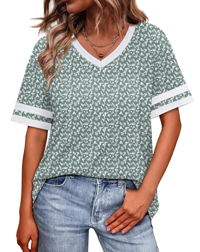 Image of WIHOLL Womens T Shirts Loose Fit Short Sleeve Tees V Neck Color Block Summer Tops 2026 Fashion S-4XL