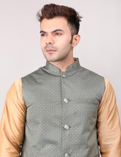 Image of Men's Cotton Silk Blend Regular Kurta Pyjama, Embroidered Nehru Jacket /Waistcoat Set
