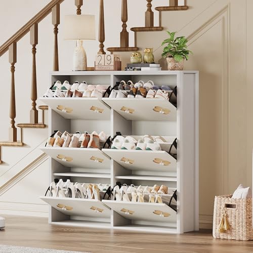 Image of GarveeHome Shoe Storage Cabinet with 6 Flip Drawers, Narrow Wood Shoe Organizer Cabinet with Floral Pattern, Freestanding Slim Shoe Rack Cabinet with Adjustable Shelves, for Entryway, Hallway, White