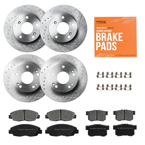 Image of Max Advanced Brakes Front & Rear Brake Kit Compatible With 2006-2011 Honda Civic w /10.32 inch Front and 10.24 inch Rear Rotor Replacement Cross Drilled Disc Brake Rotors and Ceramic Brake Pads