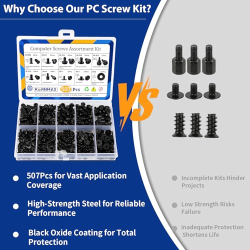 Image of 507Pcs Professional Computer Screws Assortment Kit, Includes Motherboard Screws, Standoffs, PC Case, SSD, Hard Drive, Fan, CD-ROM Screws, Long-Lasting for DIY PC Build and Repair