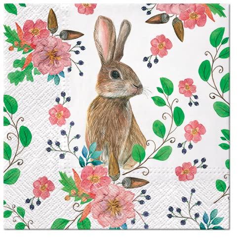 Easter Napkins RABBIT BERRIES 40pcs Lunch Size, Bunny Napkins, Decoupage Paper, Disposable Napkins Decorative