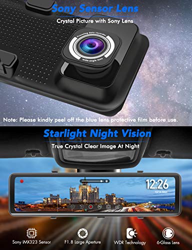 PORMIDO Mirror Dash Cam-Backup Camera 12"Large Full Touch Split Screen Front and Rear View Camera 1296P HD Waterproof Back up Car Camera 170° Wide Angle,Starlight Night Vision,Parking Monitor, SD Card