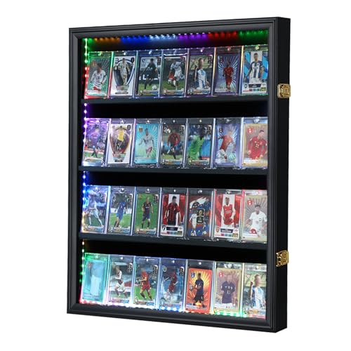 24-Graded Sports Card Display Case with LED Lights,Baseball Card Display Case Lockable Gold-Plated Lock, UV-Resistant, .Remote-Compatible with Baseball/Basketball/ and Soccer Cards, Black Finish