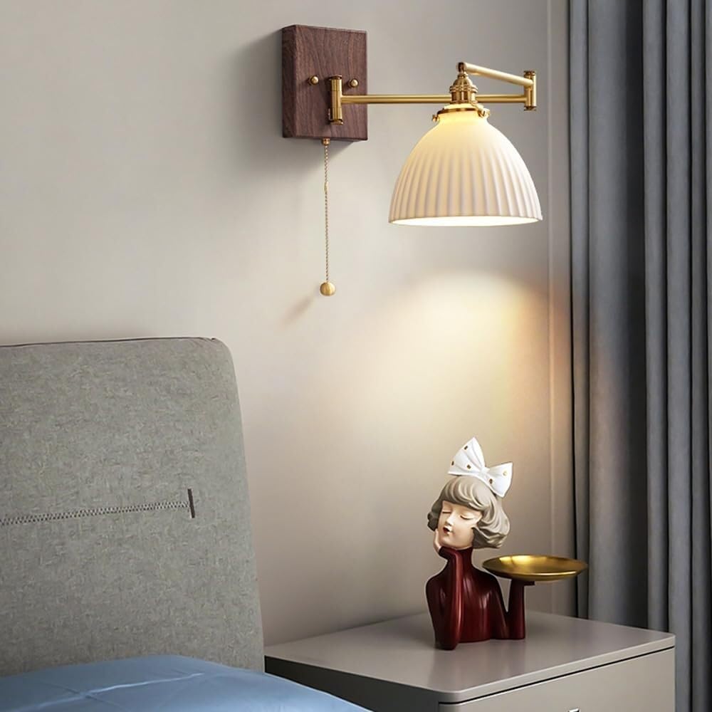 KBUUKYYXouy Wall Sconce for Bedroom Chandelier Brass Swinging Arm Pleated Glass Pull Chain Wall Sconces Nordic Farmhouse Reading Light Milk Glass Wood for Bedroom Bedside L,One Color-A(C)