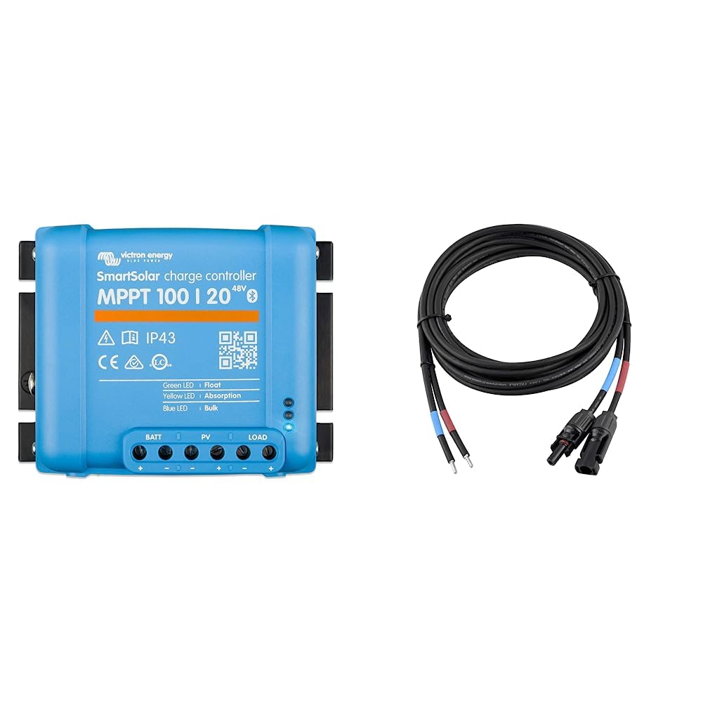 Victron Energy SmartSolar MPPT Laderegler 100/20-48 12V 24V 48V 20A Solarladeregler Bluetooth integriert & enjoy solar 4mm² Profi-Verbindungskabel Solarmodul zu Solarladeregler Anschlusskabel 3m