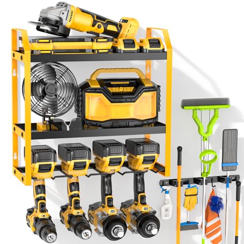 Ferreteriai Power Tool Organizer Wall Mount with Broom Holder Combo, Yellow & Black 3-Tier Garage Storage Rack with Battery Storage, 4 Drill Holder Slots, Heavy Duty Steel 150LB Capacity