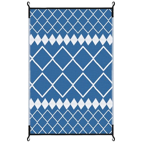 Image of Outdoor Reversible Rugs, Plastic Straw Area Mats, Modern Large Floor Rugs for RV, Patio, Backyard, Deck, Picnic, Beach, Trailer, Camping (Navy & White, 6'x9')