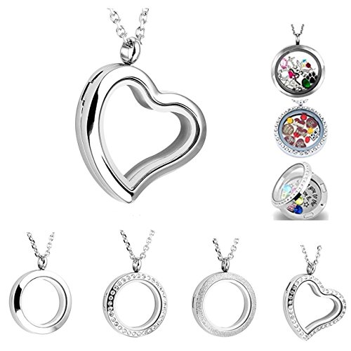 PiercingJ Round Heart Stainless Steel Locket Floating Charm Pendant Necklace - 21.5