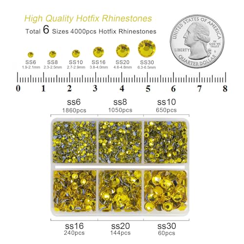 Image of BEADSLAND Hotfix Rhinestones, 4000 PCS Lemon Yellow Rhinestones for Clothes Crafts Mixed 6 Sizes with Wax Pencil and Tweezers Kit, SS6-SS30,Citrine