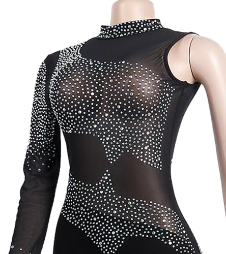 Image of Jigfar Women Sexy Embellished Rhinestone Bodycon Jumpsuit Mesh See Through Patchwork Birthday Party Night Out Clubwear