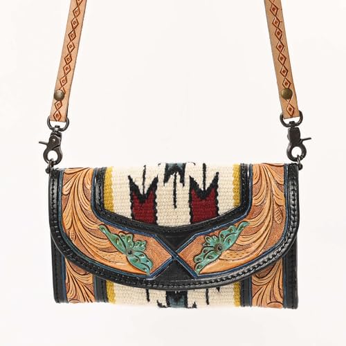 Sunset Serenade Tooled Leather Crossbody Purse – Handmade Trifold Wallet with Saddle Blanket & Cowhide Accents | Western Boho Style with Adjustable Strap for Women, Tan/Black2
