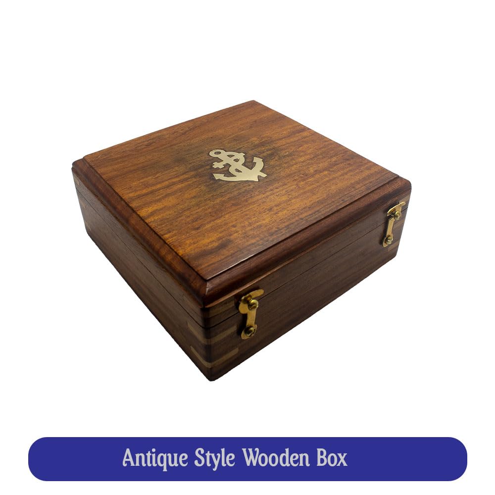 Bussola Sundial in ottone con scatola di legno, design antico, strumento nautico