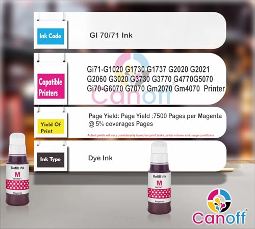 Image of CANOFF High Yield Refill Ink Bottle GI-70 /71 | Premium Dye-Based Black Ink for Ink Tank Printers | Smudge-Free, Quick Dry & Vivid Print Quality | Compatible Refill Ink (70ml Each) (Gi-70 /71 Magenta)