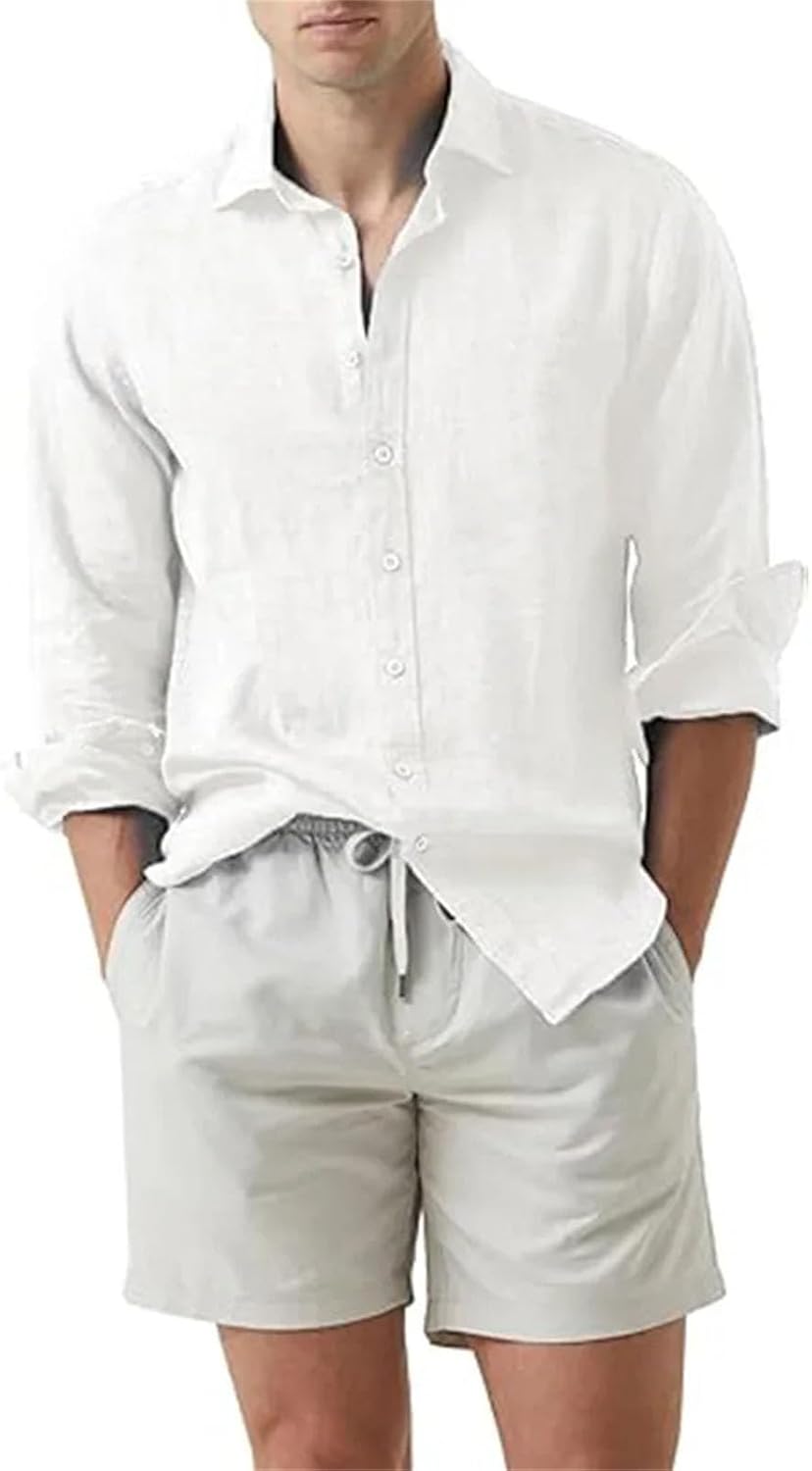 Men Beach Cotton Linen Shirts Cardigan Tops Long Sleeved Turn Down Collar Slim Button-Down Shirts