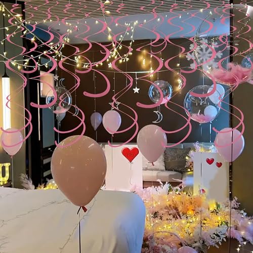 Image of Pink Ceiling Swirl Foil Decorations Hanging Plastic Streamer Themed Swirl Party for Valentine's Carnival Celebration, Pack of 28