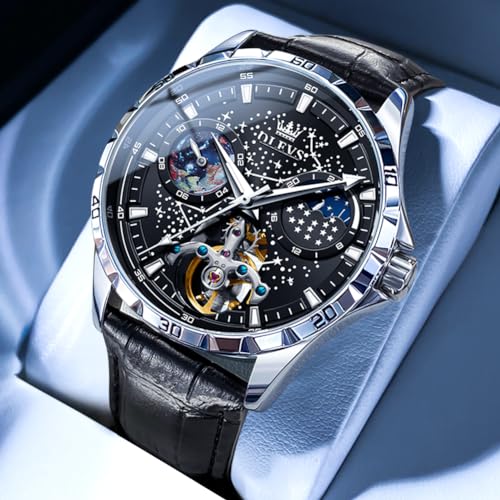 OLEVS Mens Leather Watches Automatic Mechanical Skeleton Tourbillon Diamond Luxury Self Winding Dress Wrist Watches Moon Phase Waterproof Luminous