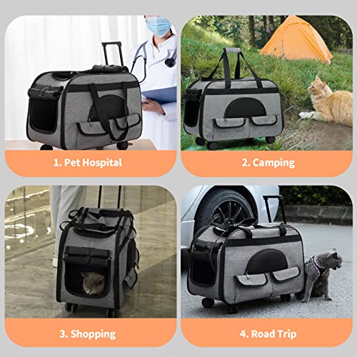 Large Rolling Cat Carrier with on Wheels, Small Dog Pet Car Travel Carrier Collapsible Bag with Rollers Wheels, Carrier for Cats Up to 35 LBS/Dog Puppy Under 16 LBS (Large Size, Not for Airplane) (L1)