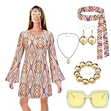 【Klassische 60er 70er Jahre Bekleidung Damen】Knallige Retro-Kleider mit ausgestellten Ärmeln und Vintage-Prints werden Sie auf jeder Party besonders auffällig machen. Mit einer Kombination aus Halskette und Ohrringen Disco wirst du zu einer besonderen Erscheinung, sowohl auf Partys als auch im Alltag.
