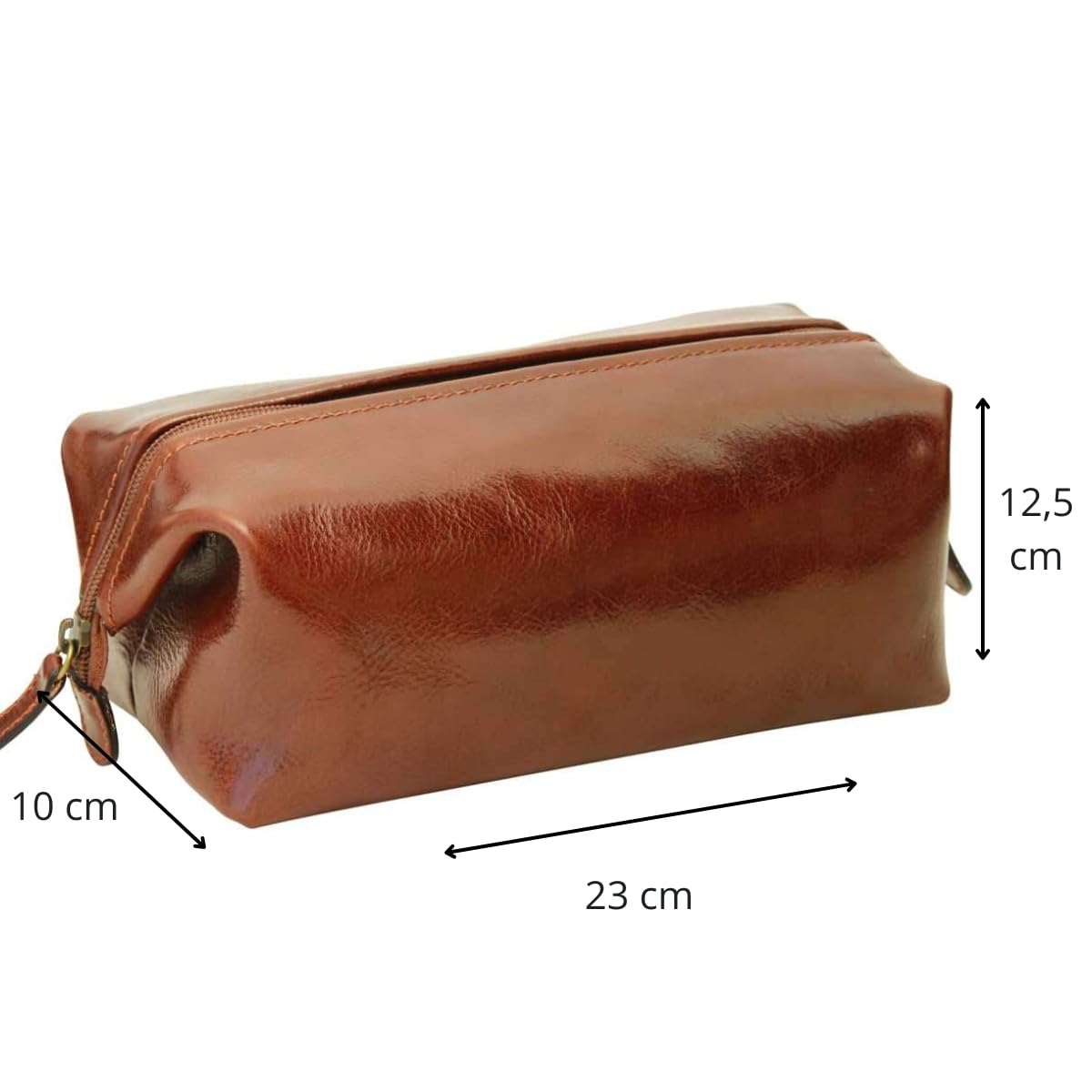 Elegante Beauty Case in Pelle Marrone, Necessaire da Viaggio in Vera Pelle Pieno Fiore, Custodia per Toiletry con Cerniera e Fodera Interna, Fatto a Mano