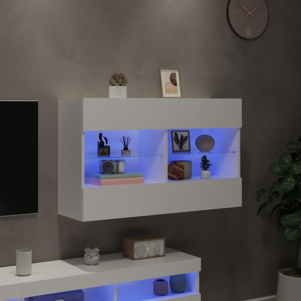 Mobile da parete per TV con luci LED, in legno, bianco