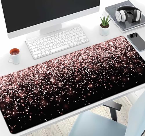 Image of IMAYONDIA Gaming Mouse Pad, Large Non-Slip Rubber Base Mousepad with Stitched Edges, Keyboard Mouse Mat Desk Pad for Work, Game, Office, 31.5x11.8 Inch - Rose Gold Black Glitter Luxury