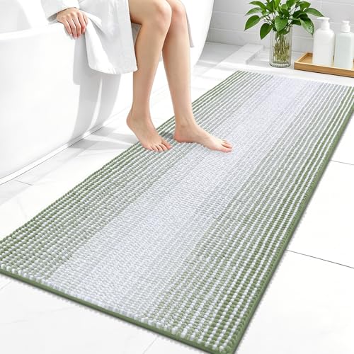 Image of OLANLY Bathroom Runner Rugs 47x24, Extra Soft Absorbent Chenille Striped Bath Rugs, Rubber Backing, Machine Wash Dry, Long Bath Mats for Bathroom, Tub, Shower, Home Decor Accessories, Sage Green