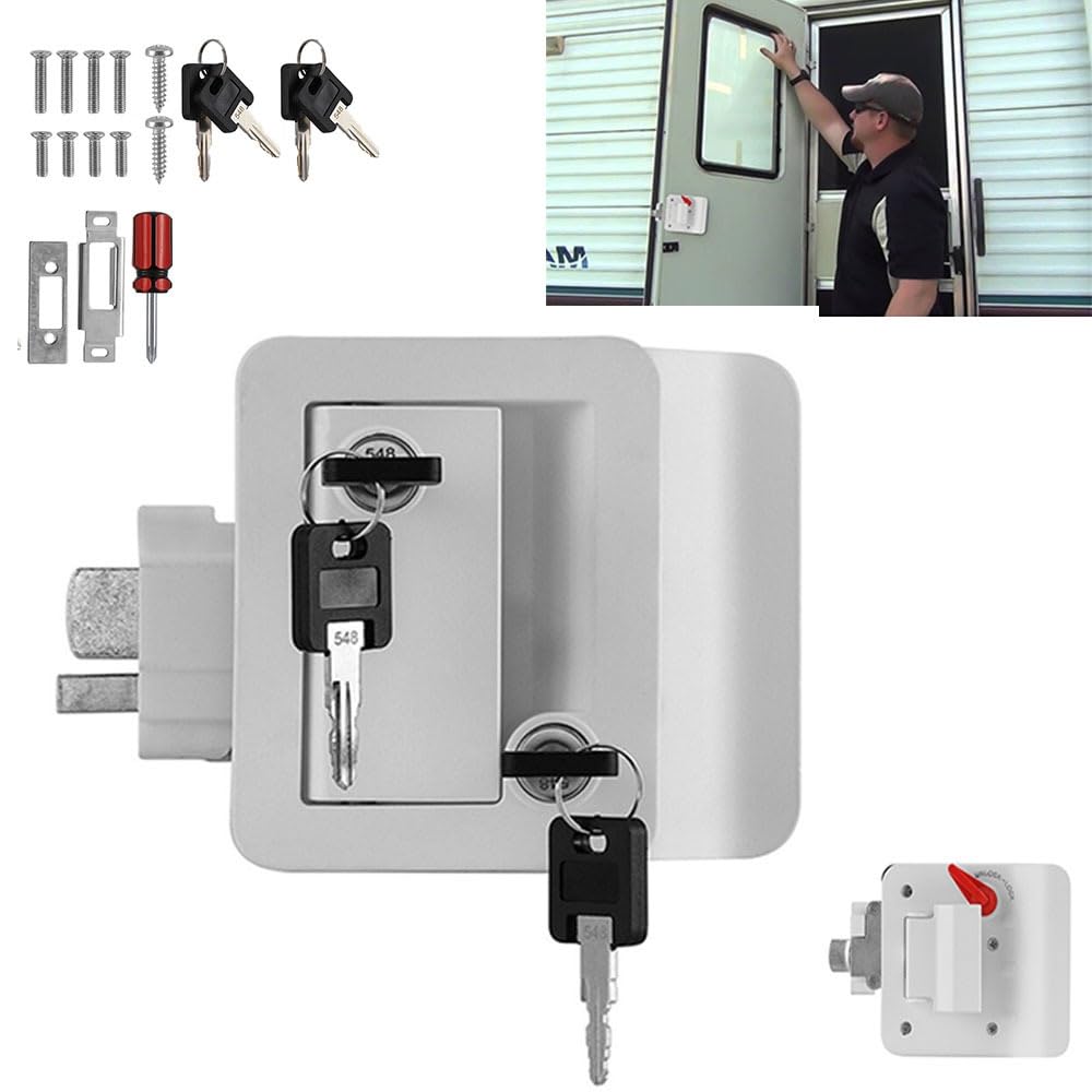 White RV Paddle Entry Door Lock Latch Handle Knob Deadbolt Camper Trailer with 4 Keys Camper Door Lock for Travel Trailers for Campervan