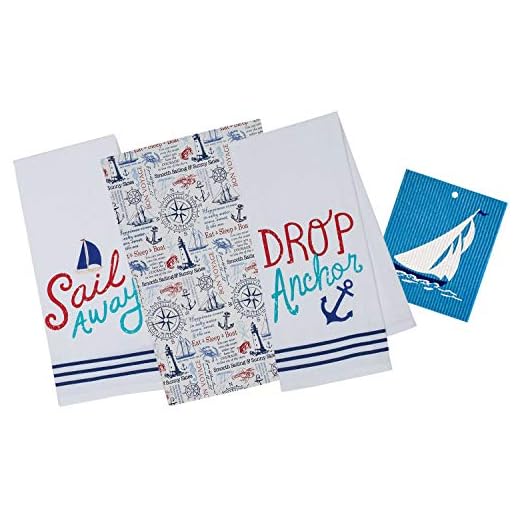 3 Nautical Themed Cotton Kitchen Towels | Anchor, Lighthouse, Sailboat, Wheel, Compass, Sea Life | 2 Embellished, 1 Printed Dishtowel Set for Dishes and Hand Drying | Includes Swedish Dish Cloth