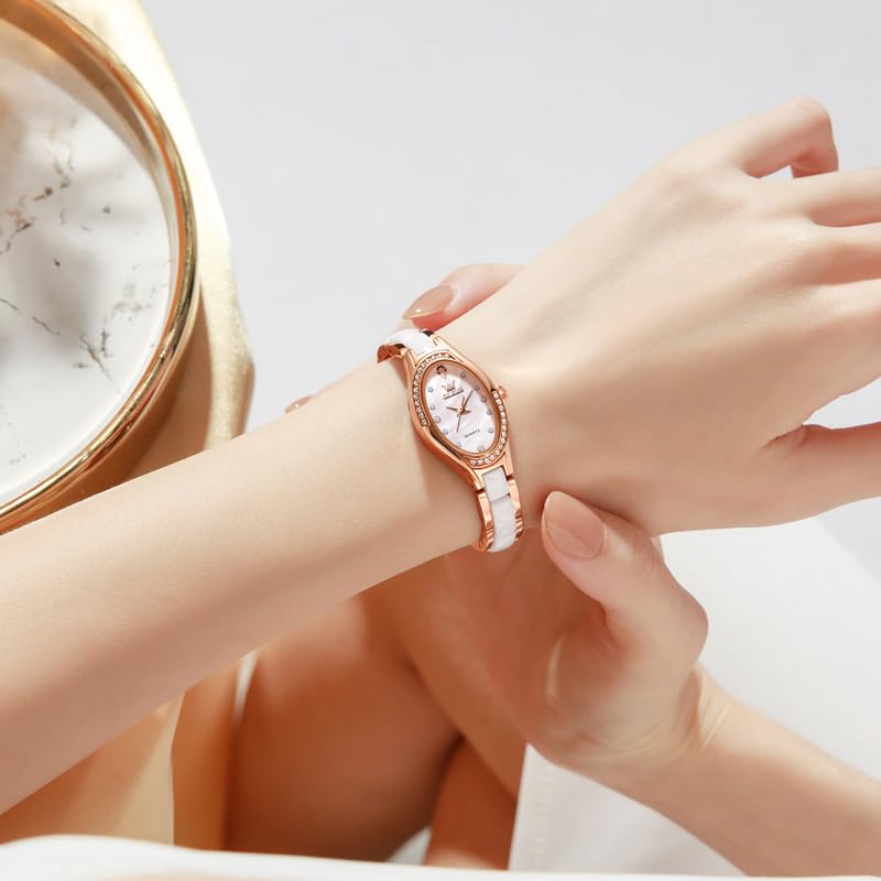 Image of OLEVS Women's Quartz Watches - Elegant Oval Diamond Dress Watch with Ceramic Band, 30M Waterproof Ladies Wrist Watch for Dress & Casual Wear (Rose Gold Blue /Red /Purple /White)