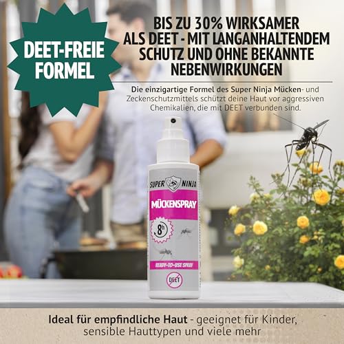 Super Ninja Mückenspray & Zeckenspray 100 ml, Sicher für Kinder & Erwachsene - Hochwirksamer Multi-Insektenschutz, DEET-frei, 8h Schutz gegen Mücken & Zecken, Hautfreundliche zeckenschutz menschen
