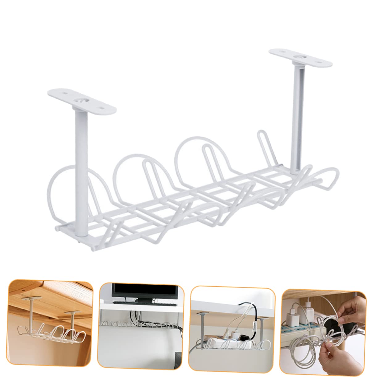 Organizador de Cables de Hierro Blanco Debajo del Escritorio para Regletas | Malla Resistente, Instalación Sencilla, Mantiene Adaptadores y Cables Ordenados, para Dormitorio y Sala