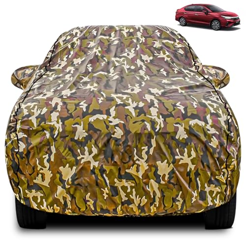 Image of FABTEC Car Body Cover for Honda City Jungle Print with Soft Cotton Lining Waterproof Car Cover UV & Rain Protection with Mirror Pocket Bottom Elastic (Military /Camouflage Pattern)