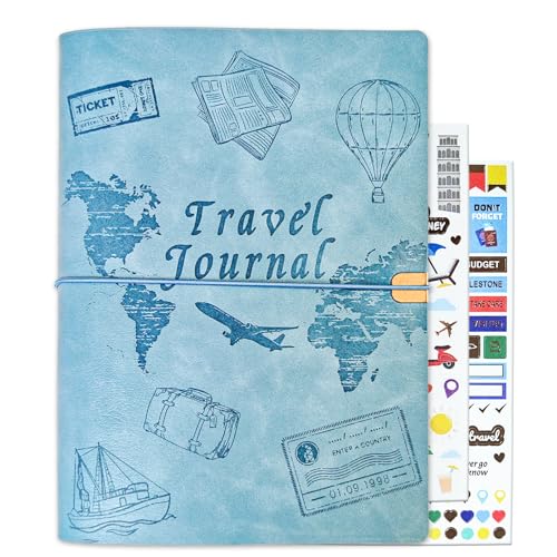 Tolivip Travel Journal for Women Men and Couples Leather Travel Notebook with Prompts Travel Memory Book & Adventure Book (Blue)