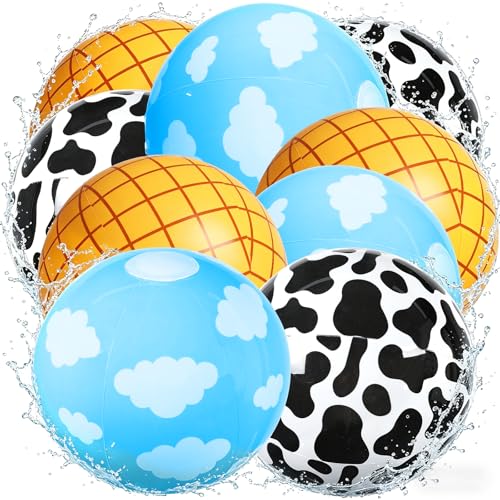 12Pcs Cartoon Story Beach Balls 8 Inch Cow Print Blue Sky White Cloud Inflatable Pool Balls Toy Inspired Blow Up Swimming Pool Toys for Summer Water Games Cartoon Birthday Party Decorations Favors