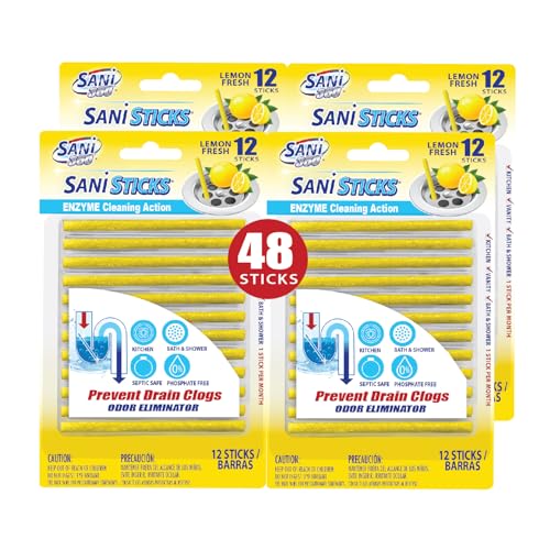 SANI 360° Sani Sticks Drain Cleaner and Deodorizer, 48 Count, Lemon Scent Enzyme Pipe Cleaners,...