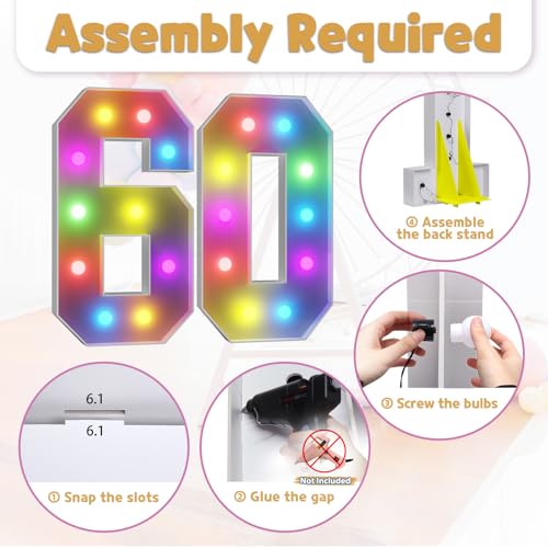Image of Imprsv Colorful 4FT Marquee Numbers Light up Numbers 60 Birthday Decoration | RGB with Remote, Party Decorations Anniversary Wedding Decorations Assembly Required Foam Board 41 Pcs Accessory Set