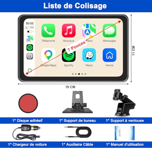 CarPlay Voiture, Portable Autoradio CarPlay & Android Auto sans Fil, Stéréo de Voiture 7 Pouces Écran Tactile avec GPS Navigation, Contrôle Vocal, Bluetooth Appels avec Mains Libres, FM, MirrorLink – vue 7