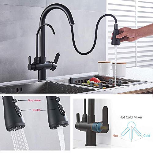Onyzpily Moderne 3 Wege Küchenarmatur in Gebürstet/Schwarz, Edelstahl Ausziehbar mit Brause & Trinkwasserhahn, 3-in-1 Mischbatterie für Wasserfilter, Hochdruck Spültischarmatur