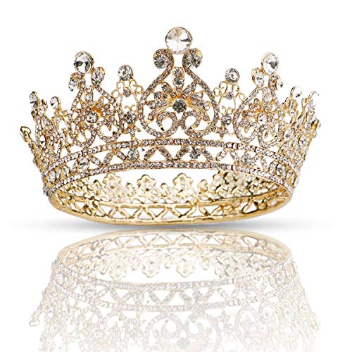 GETNOIVAS Crystal Queen Crown for Women, Rhinestone Wedding Tiara Headband, Full Round Princess Crown Hair Accessories for Wedding Brithday Halloween Babyshower Pageant, Gold Crown Cake Topper