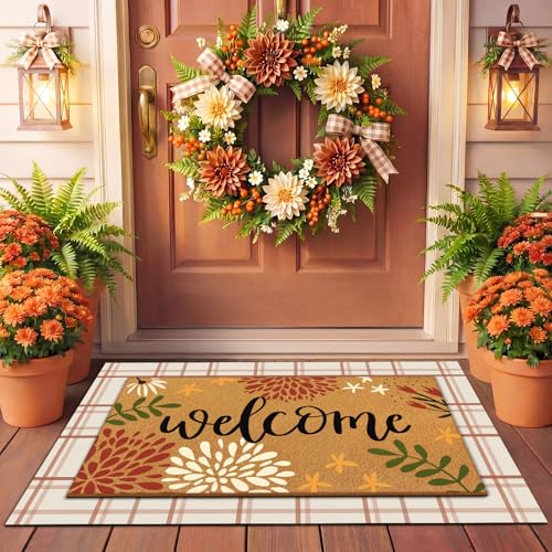 Tinideya 2 Pcs Summer Layered Doormat Set 17x29 Inch Wildflower Door Mat Spring Welcome Coir Floor Mat with 24x35 Inch Non Slip Rustic Gingham Entrance Rug for Front Porch Entryway Decor